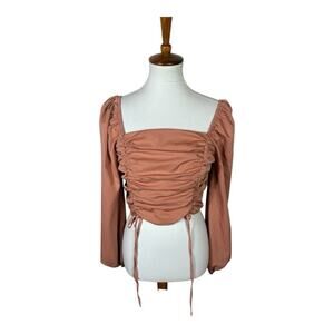 Peach Dusty Rose Ruched Gathered Front Long Sleeve Blouse Size L